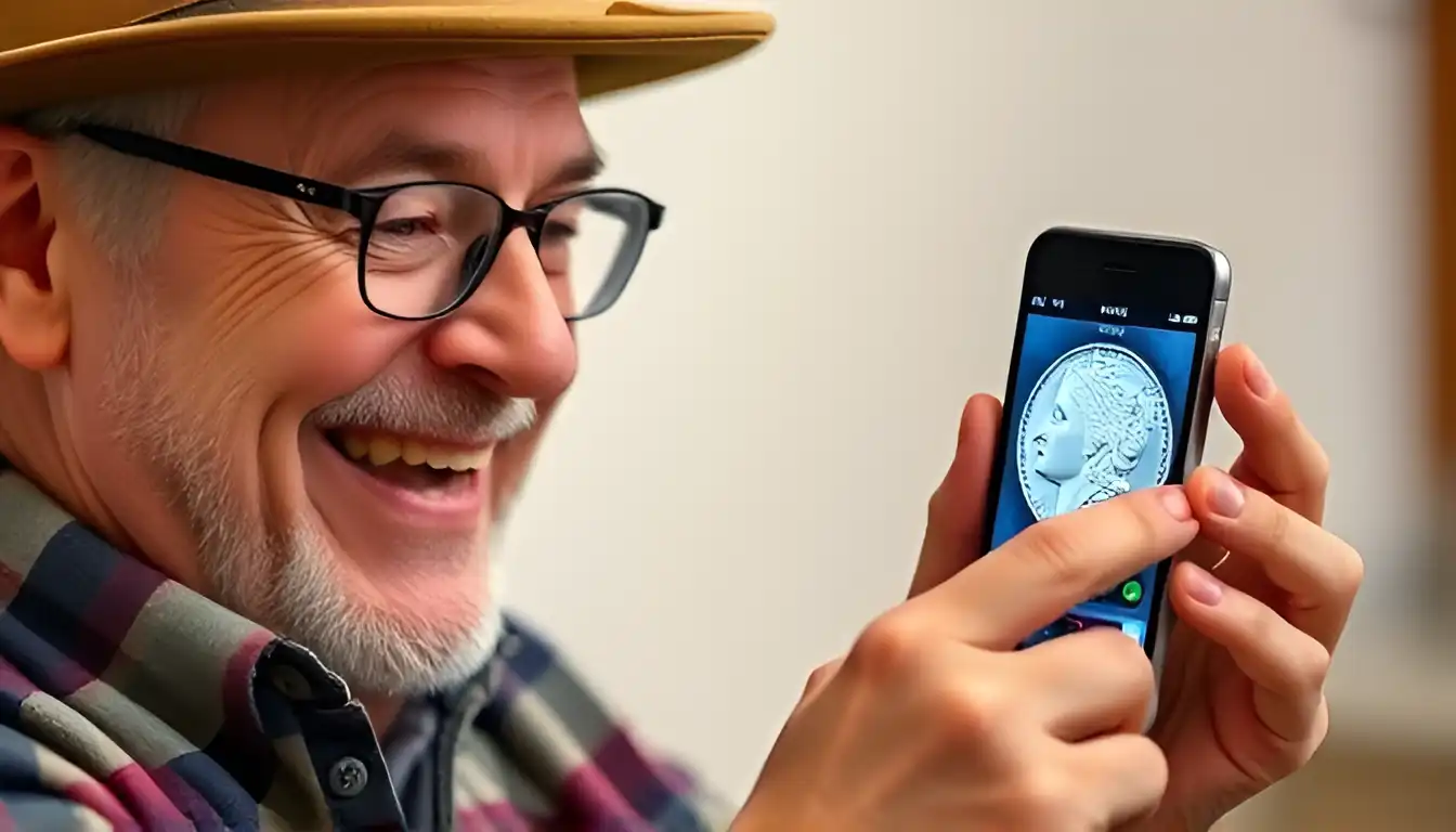 A collector smiling while using a smartphone app to scan a Morgan dollar for grading, demonstrating modern tools for grading Morgan silver dollars.