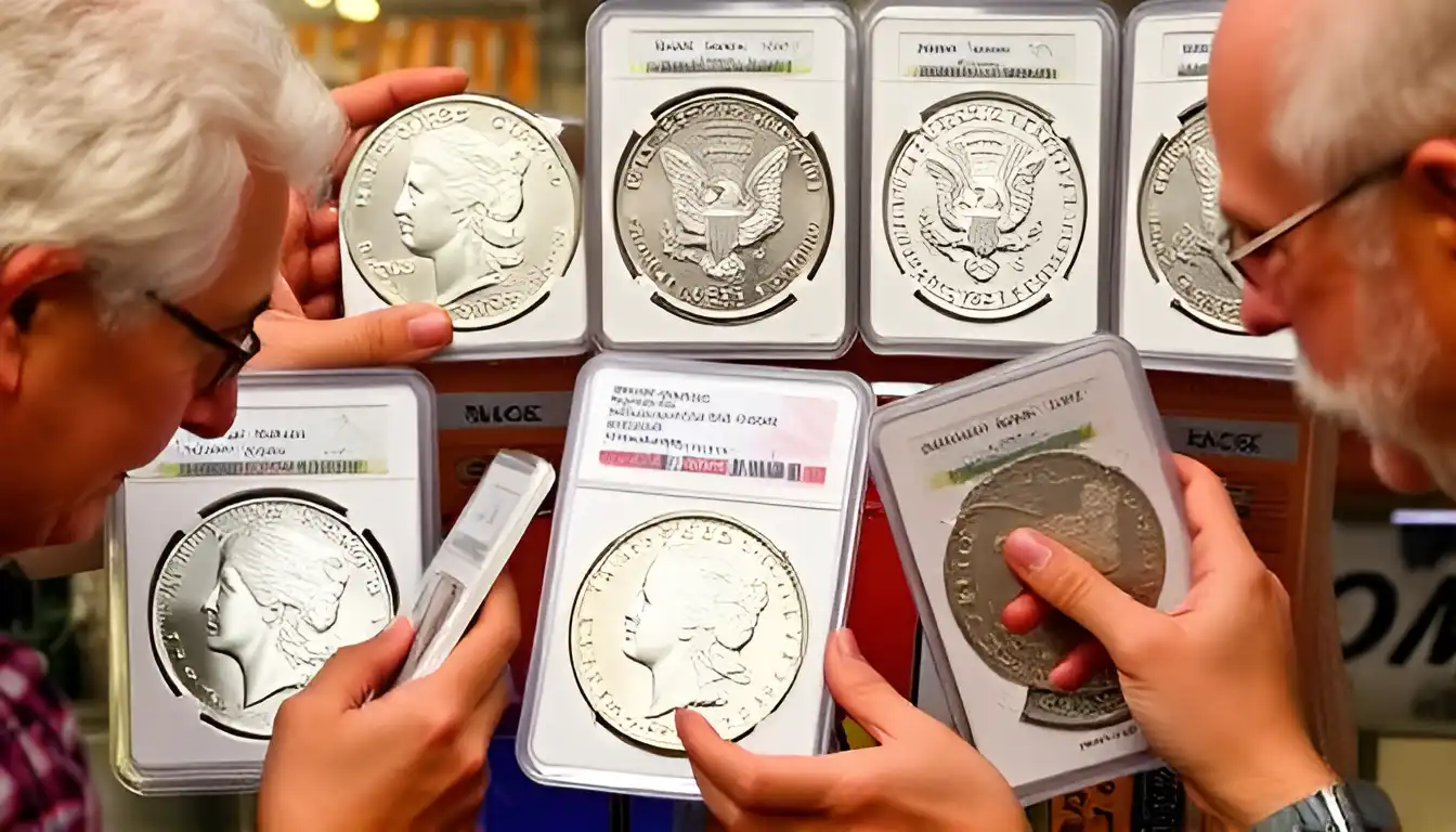 A group of coin collectors comparing graded Morgan silver dollars, discussing differences in Morgan dollar grades.