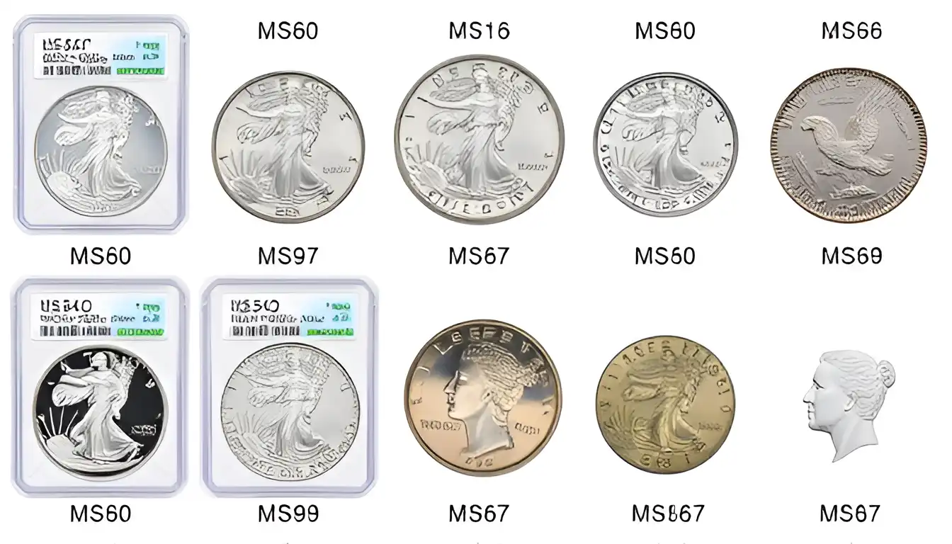 A visual representation of MS60 to MS69 grades, with MS67 coins standing out for their rarity and investment potential.