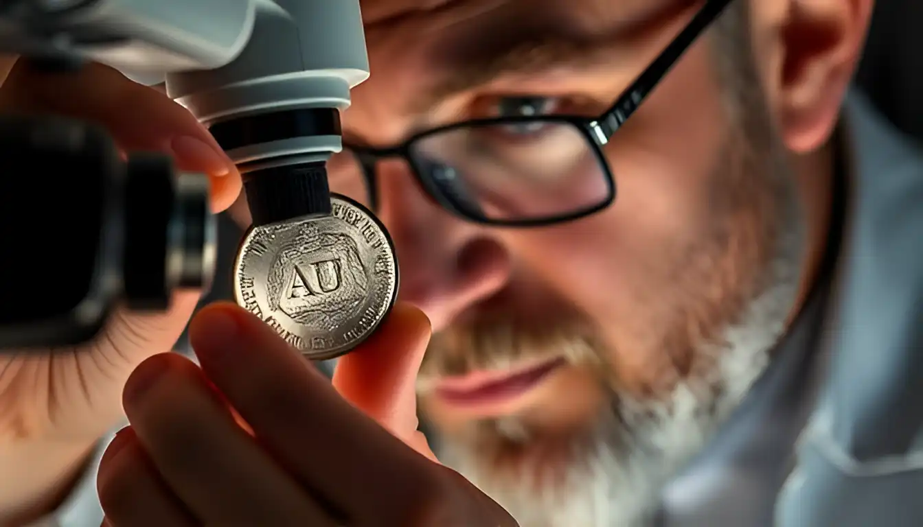 a male numismatist inspecting a coin grading AU under magnification