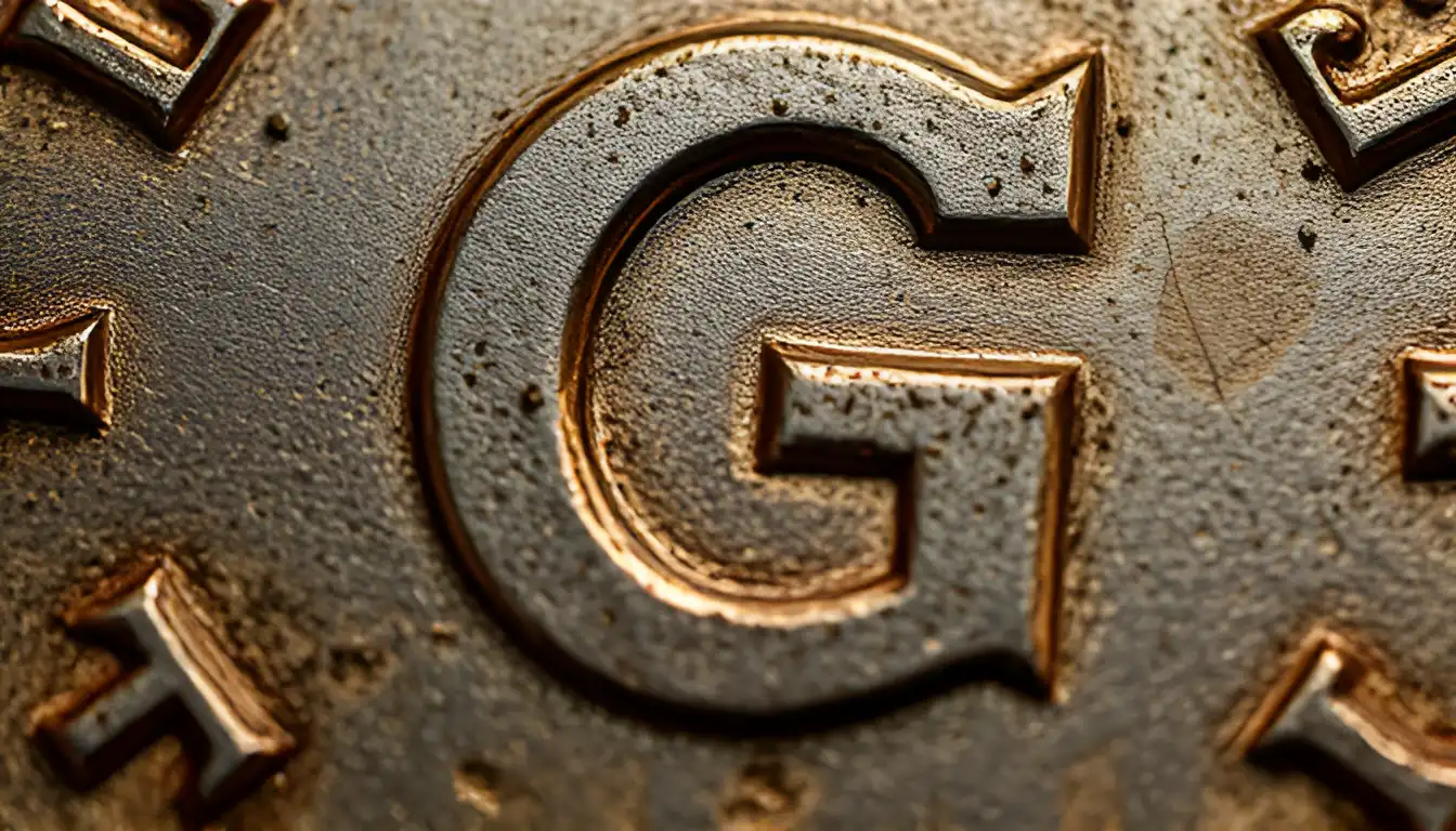 Close-up of a heavily worn G-graded coin with faded details