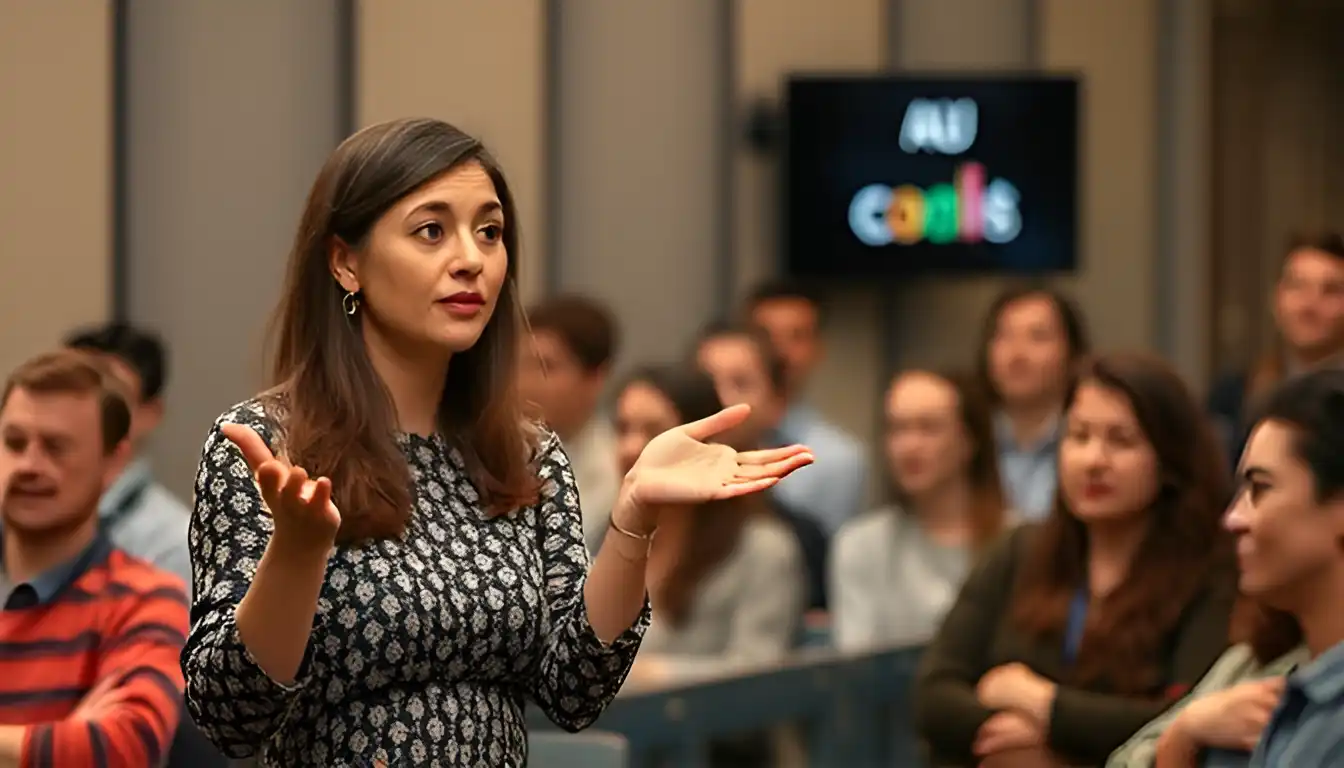 a woman explaining to the audience what does AU mean for coins, and showing an example next to her