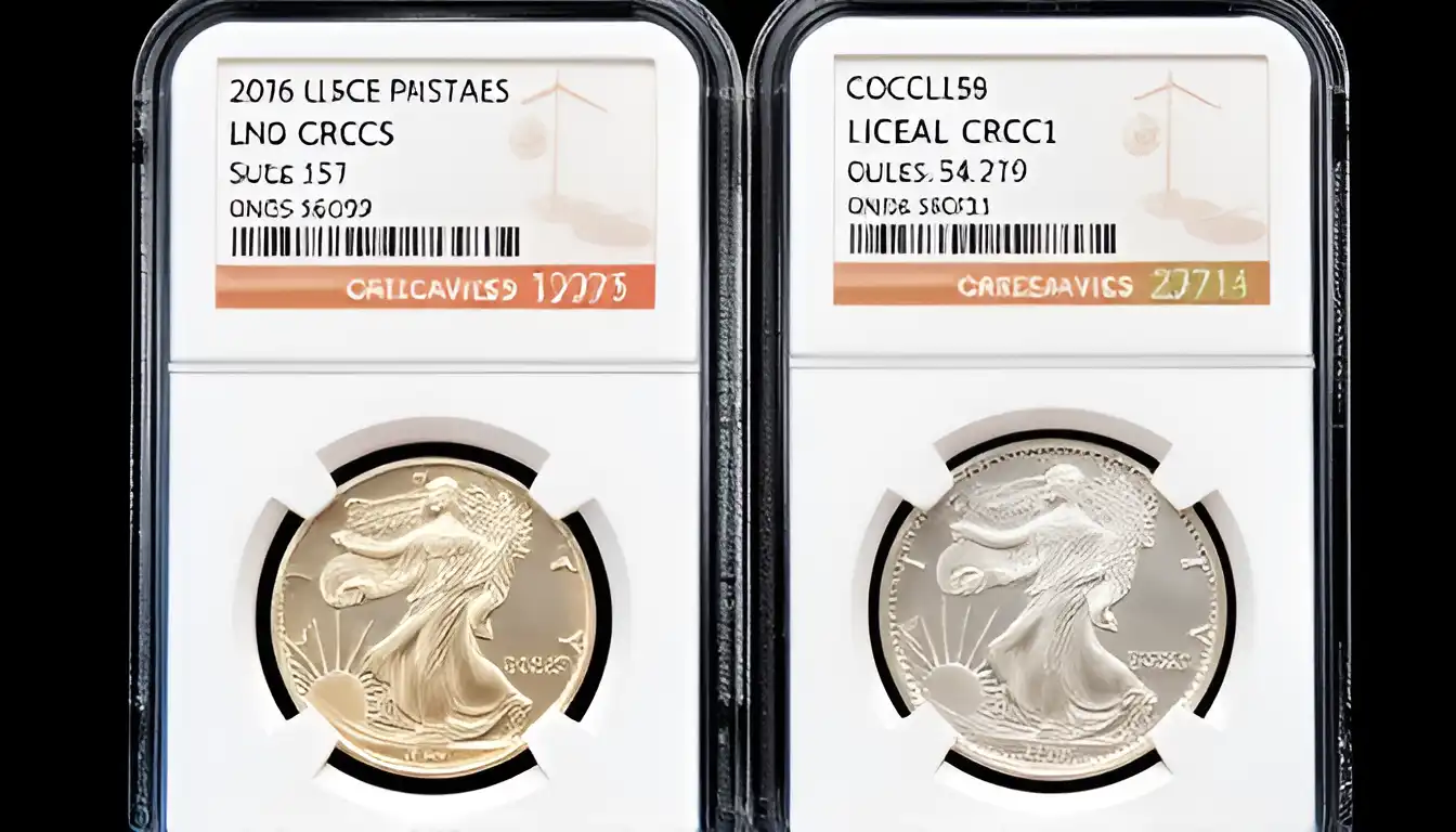 Close-up view of graded coins sealed in protective cases, with certified coin conditions and values.