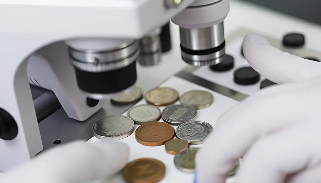 Coins under examination by professional grading experts, using precise tools and methods to assess their authenticity and grade.