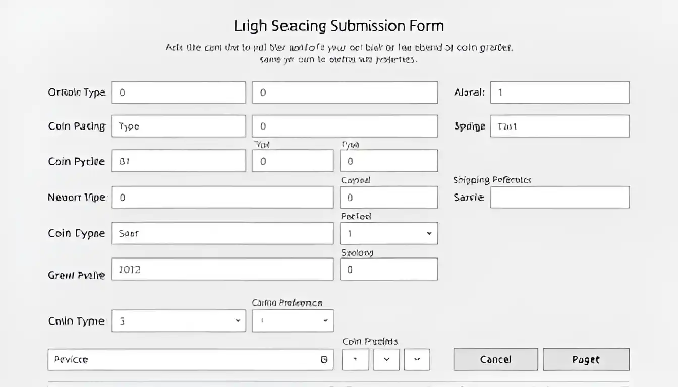 Sample coin grading submission form with detailed fields for coin type, services, and shipping preferences to get a coin graded