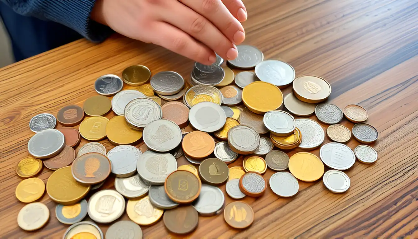 Collection of new coins worth money, including rare coins still in circulation from recent years lies on the table, a proud collector stands beside it.