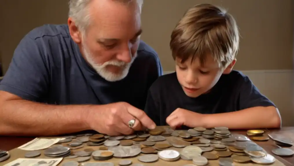 A father and son examine collector coins worth money from a list of coins to look for, bonding over their new hobby.