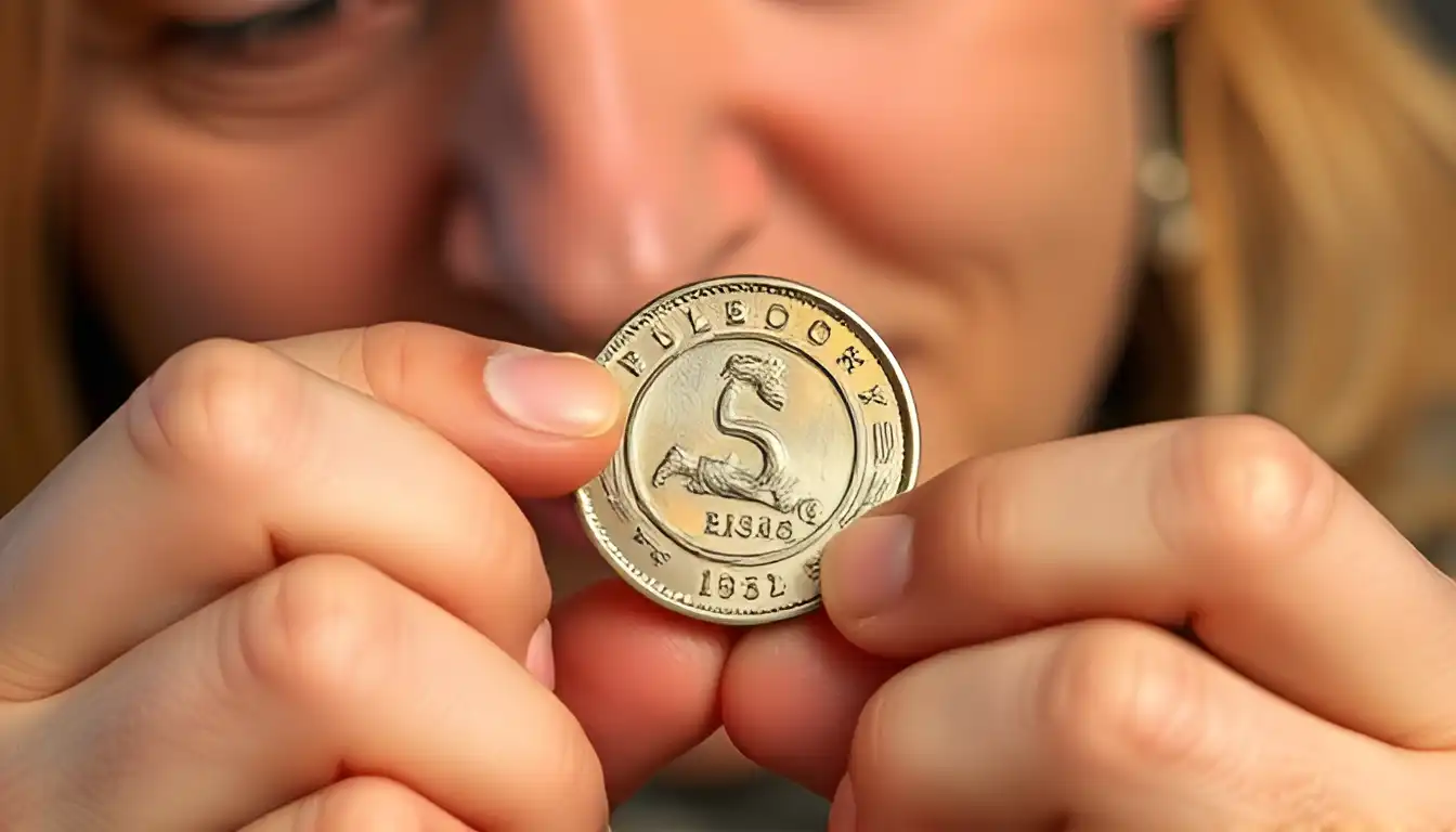 A beginning collector excitedly inspects coin hoping to find the rare double die error and add it to their collection of valuable coins in circulation.