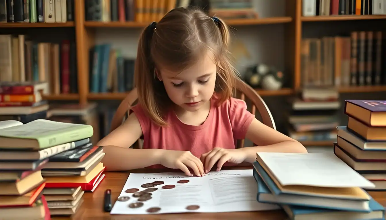 A girl sits at a table among books and concentrates on a list of coins to look for to find rare coins still in circulation to create a new collection.