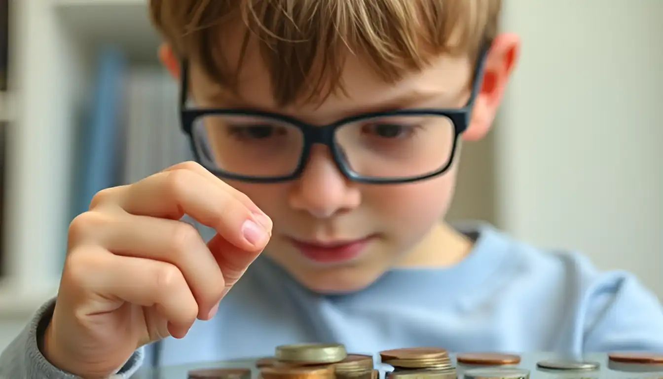 A young collector examines new coins that are worth money, using coin identification tools to find rare coins still in circulation.