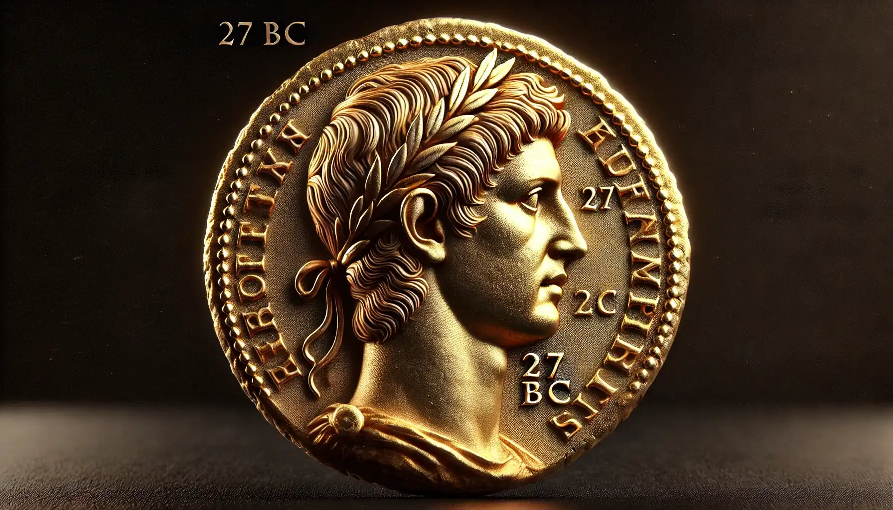 A picture of the 27 BC Roman Aureus featuring the profile of Emperor Augustus.