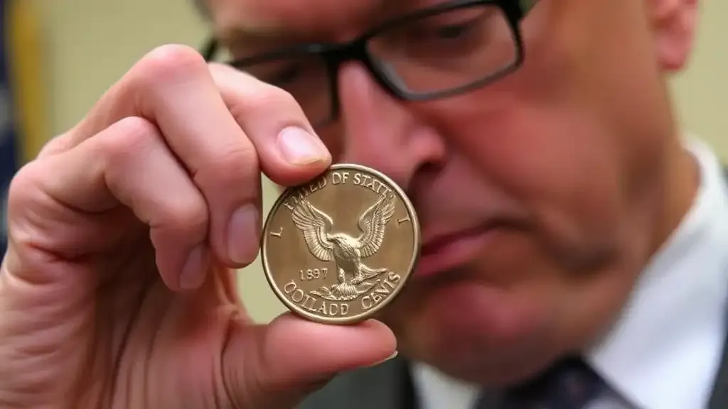 A congressman closely examines an eagle cent assessing its design and significance as part of the decision to approve the new coinage system.