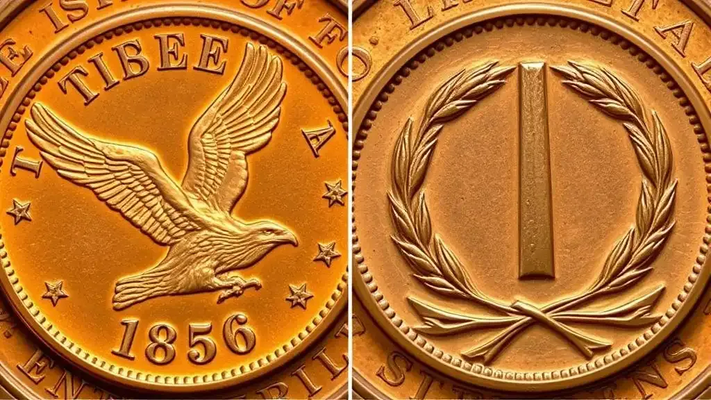 a close up side-by-side picture of the obverse (with flying eagle) and the reverse (with a  wreath of wheat ears) of 1856 penny