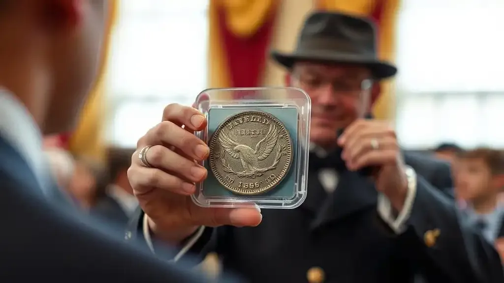 Auction scene featuring a rare 1856 flying eagle penny for sale, emphasizing the exclusive 1856 one cent flying eagle and its value at auction.