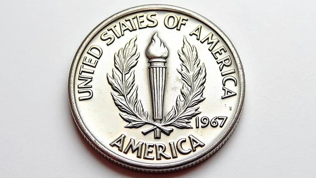 A clear view of the 1967 dime reverse, emphasizing 1967 dime with no mint mark and its features like the torch and olive and oak branches.