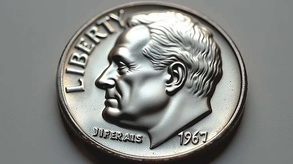 Detailed image of the obverse of a 1967 US dime, with Roosevelt’s portrait.