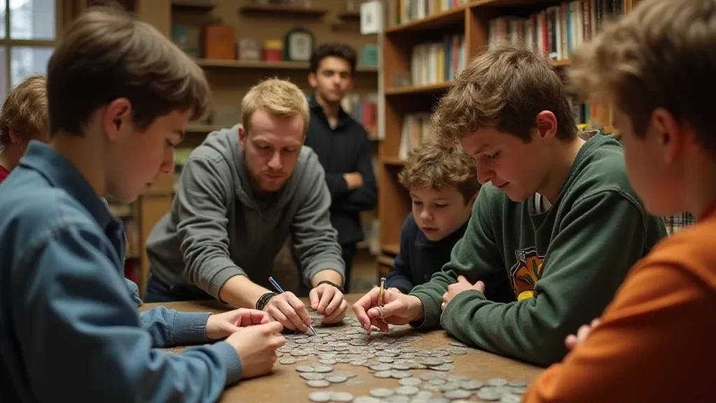 A group of children at a coin shop curious about what is a 1967 dime worth and looking for answers about 1967 dime mint mark.