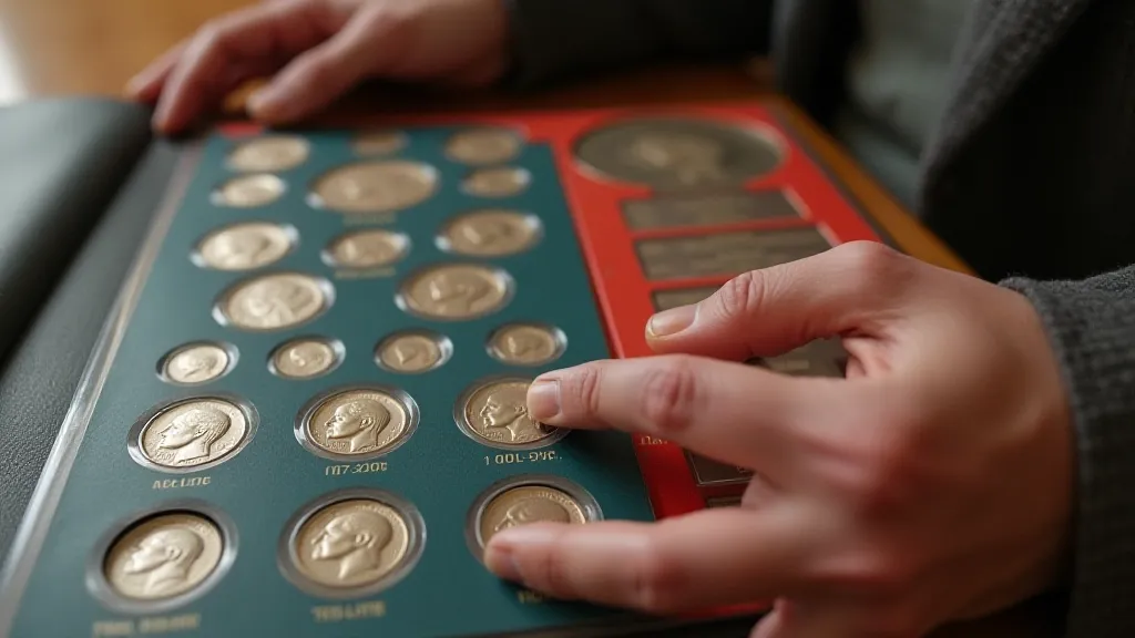 A proud collector displays his collection in album, featuring a 1967 dime with no mint mark as a part of special mint set.