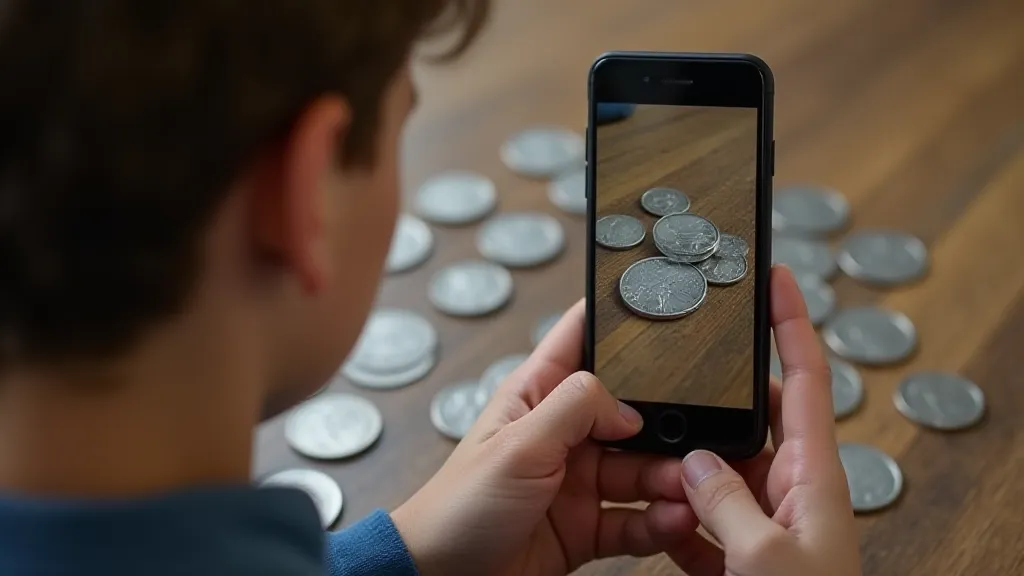 A teenager uses a coin identification app (Coin ID Scanner) to determine are 1967 dimes silver and check 1967 no mint mark dime value.