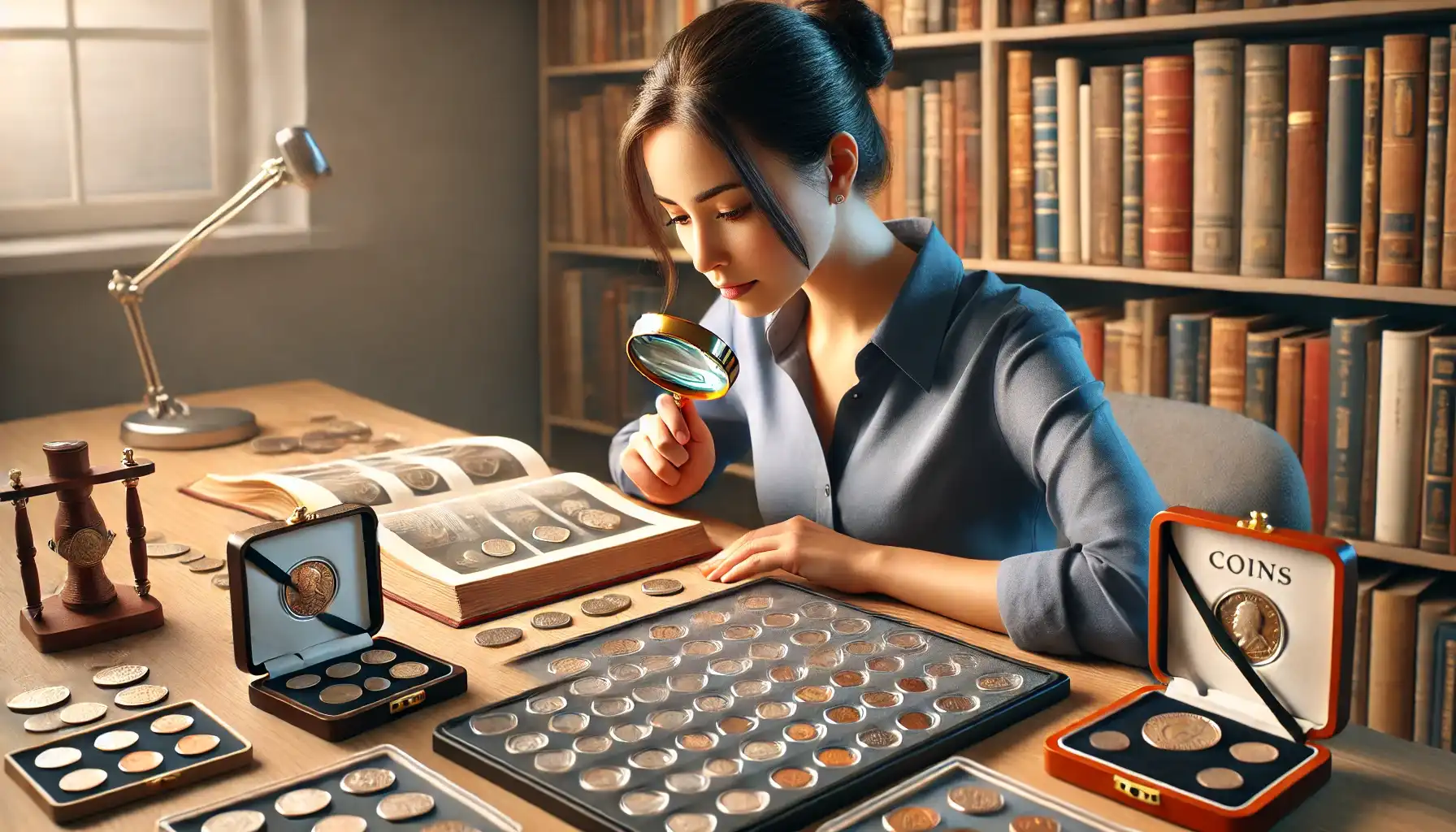 A woman is looking at organized coin collection and wondering how to check if coins are valuable, so try to use magnifying glass and reference books nearby to esteem it.