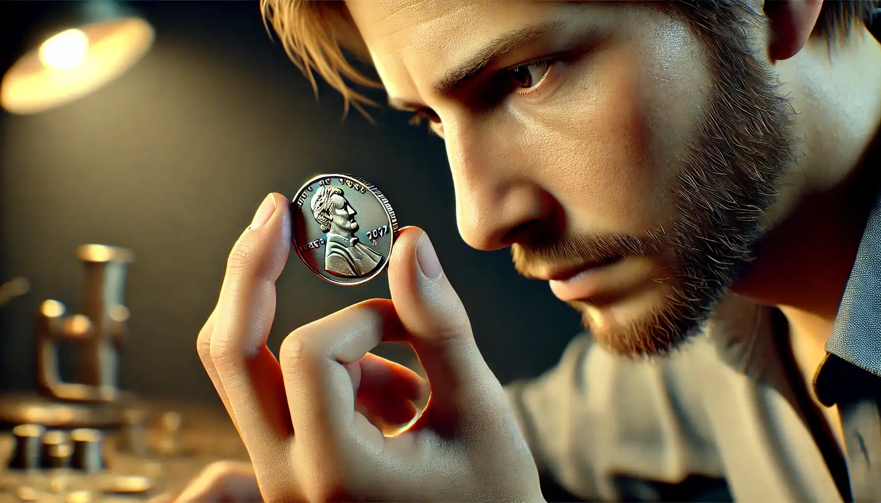 A close-up image of a man thinking how to know if a coin is valuable and carefully inspecting a  the coin's edges and inscriptions.