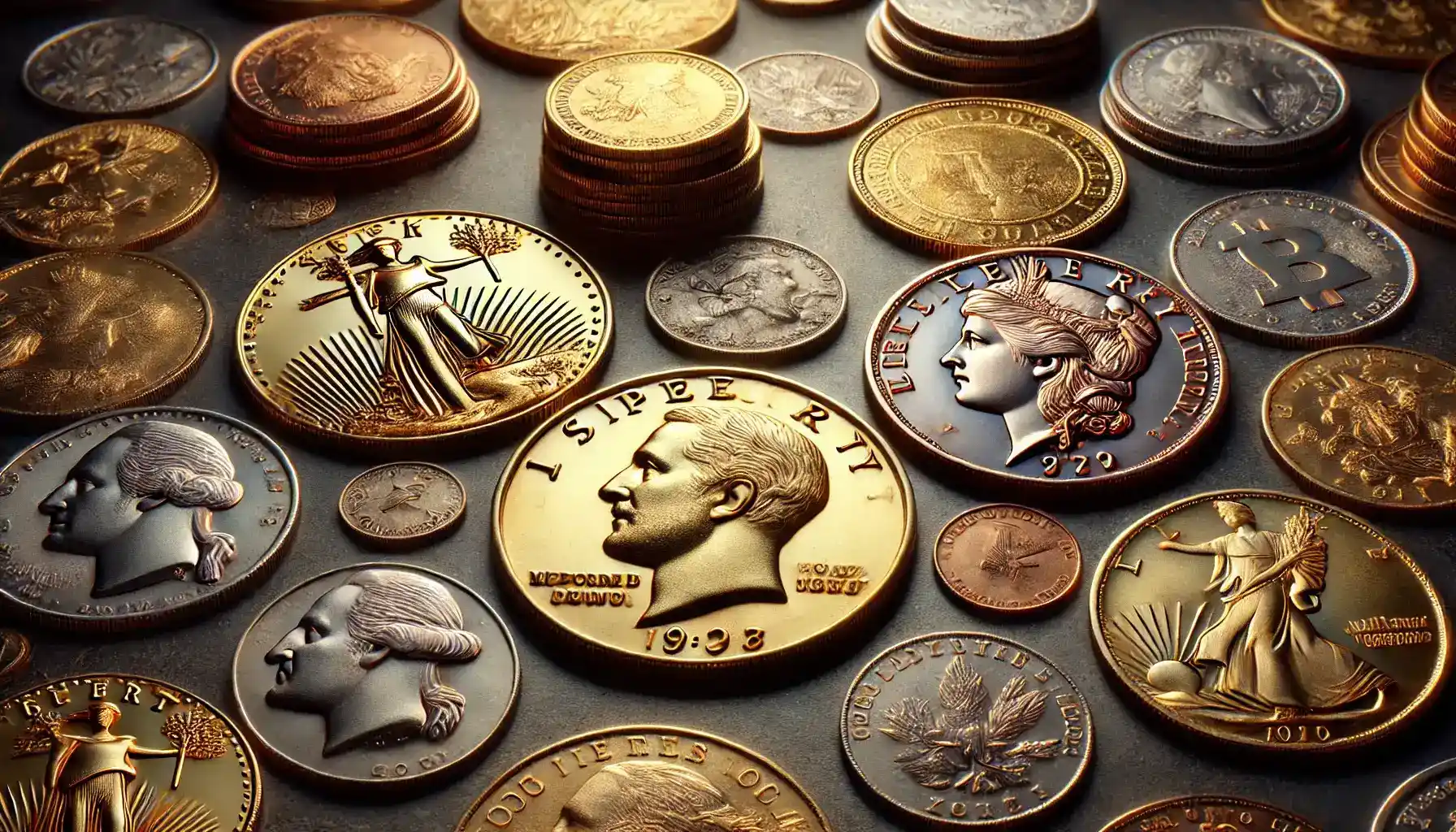 A detailed picture of 3 coins made from different metals (gold, silver, copper) spread out on a dark background. The coins vary in size and design, with some showing historical figures and others with unique minting errors, symbolizing rarity and historical significance.