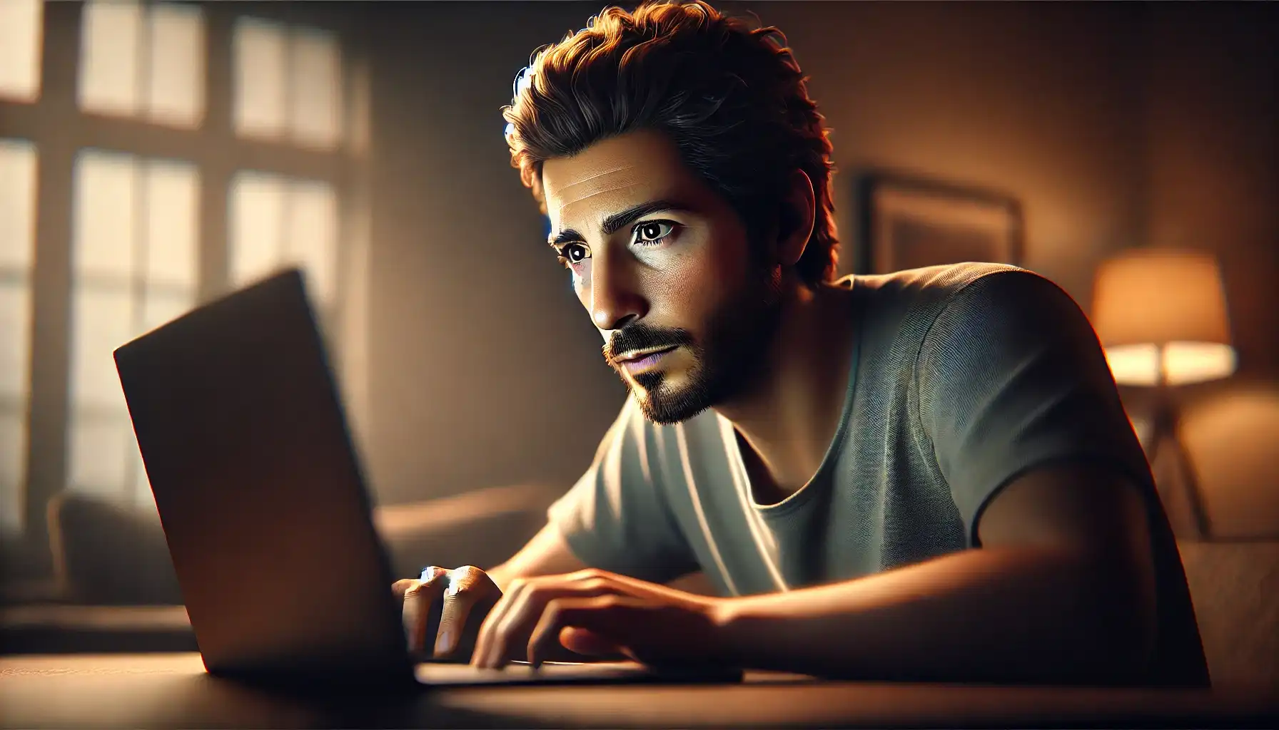 A thoughtful man surfs the web on his laptop with a passionate eye