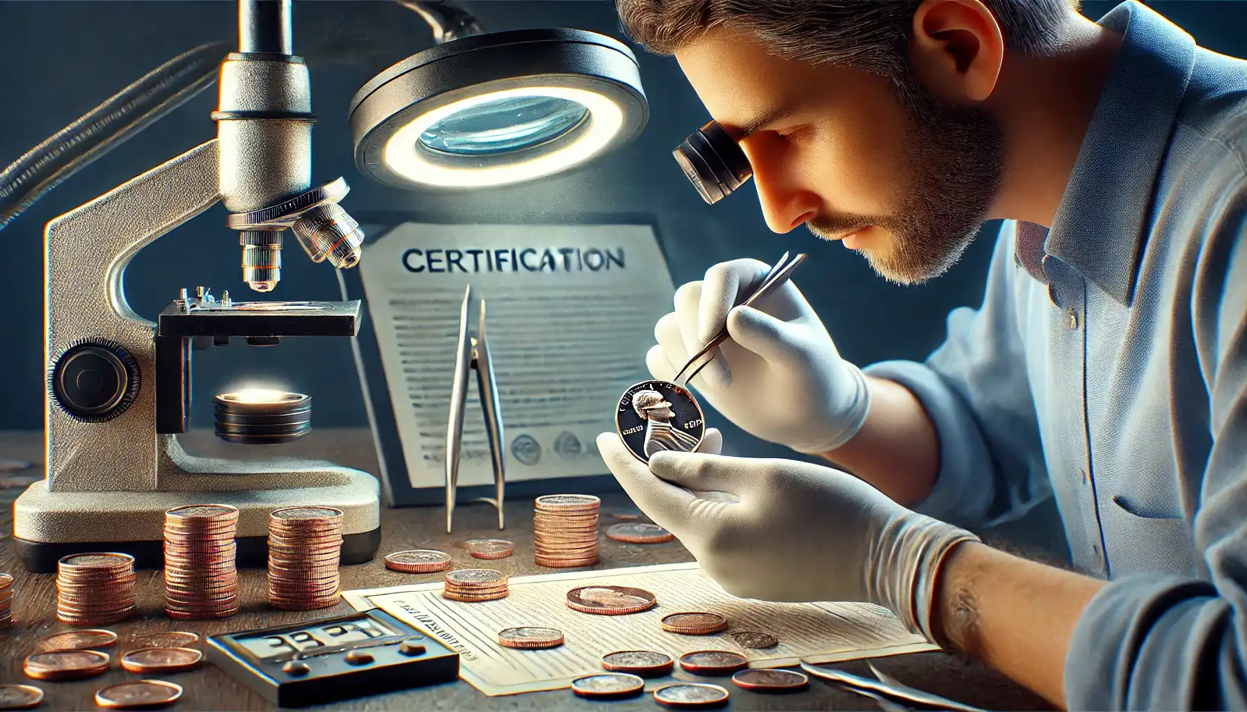 A professional numismatist carefully examining a coin under specialized lighting, with certification tools and documents in the background.