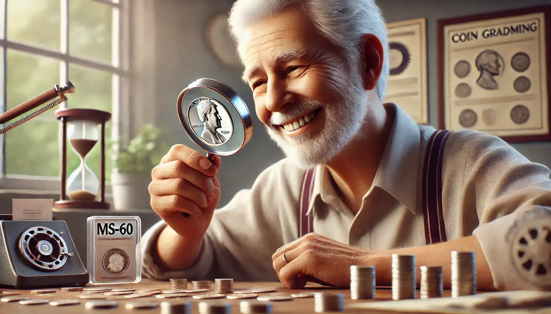 An elderly male numismatist happily estimates an MS-60 grade coin using coin grading system