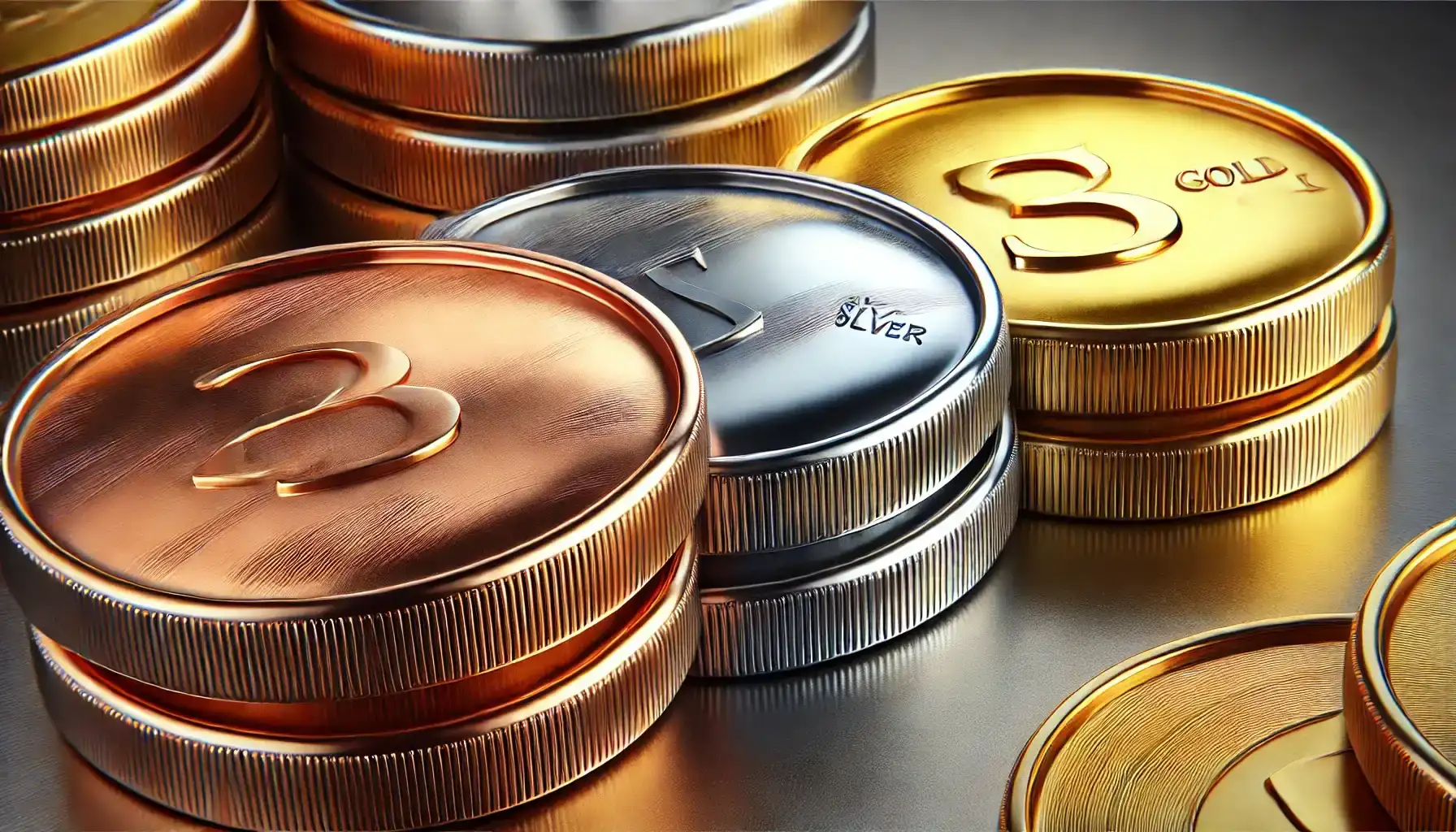 A close-up of three coins made of different materials: copper, silver and gold