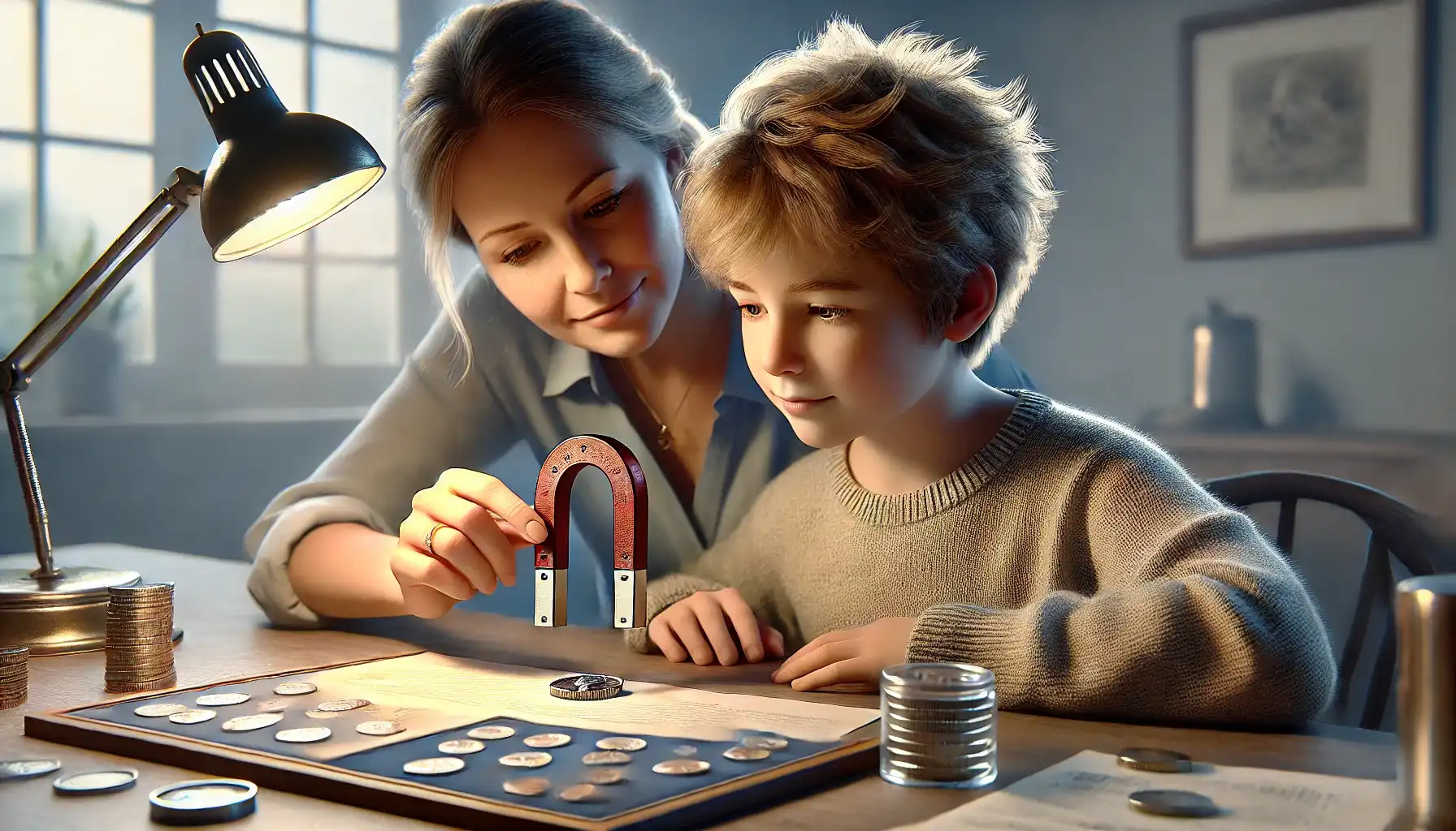 A woman and her teenage son conduct an experiment with a magnet and a coin on the table to assess a grade and authenticity of coin