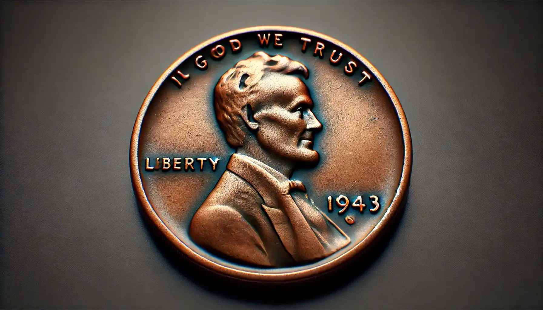 Close-up of a rare, worn coin with historical significance such as 1943 U.S. copper cent