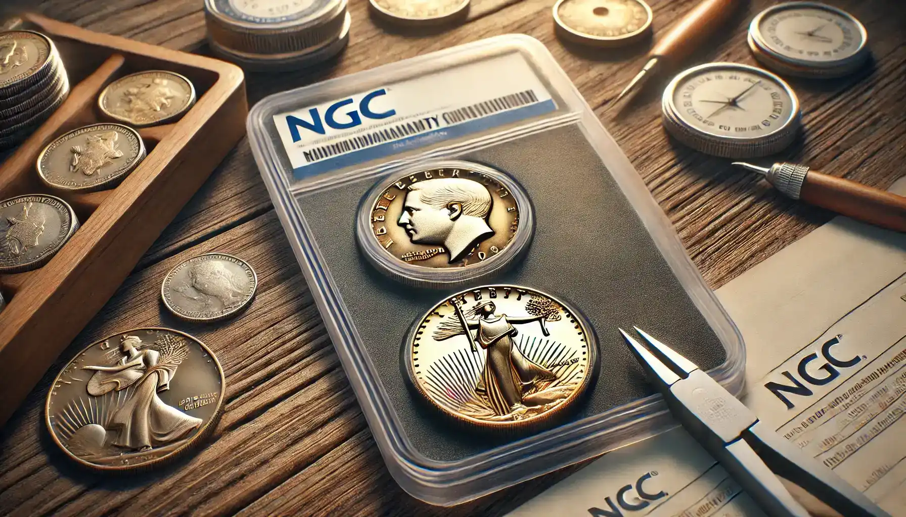 A picture of two different coins on the wooden table prepared for NGC grading and evaluation