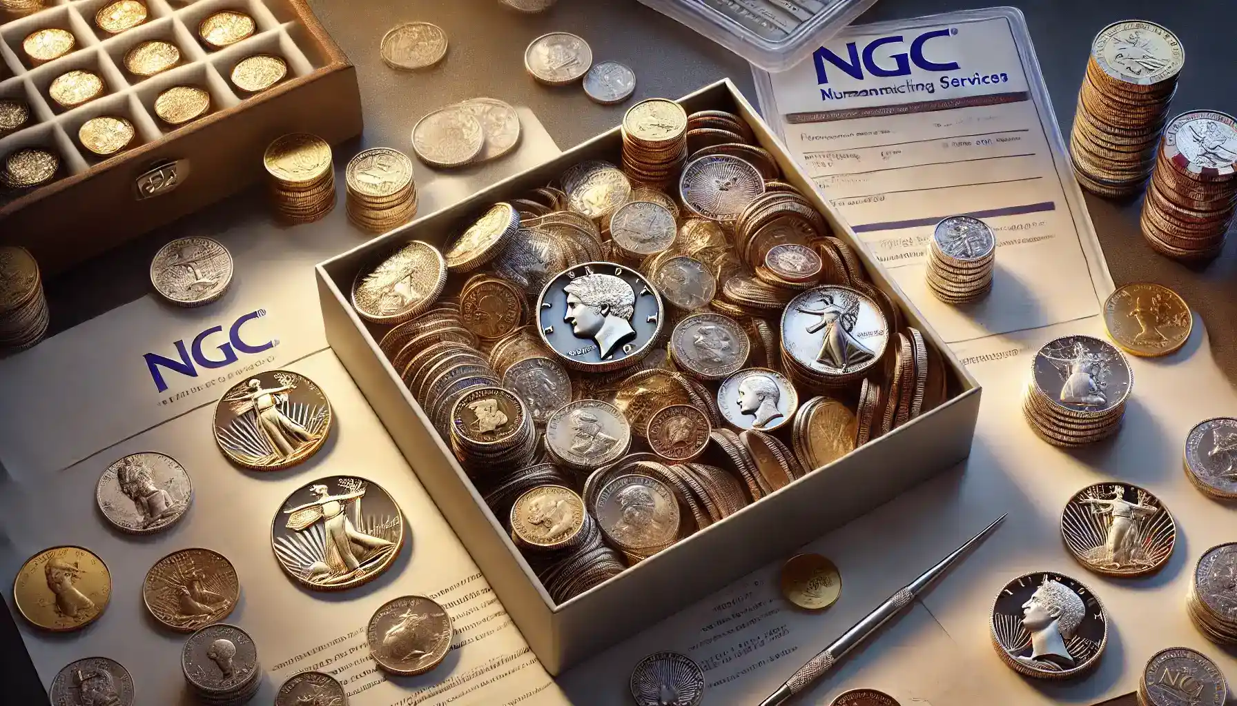 A picture of a box filled with various coins awaiting NGC grading services for professional evaluation.