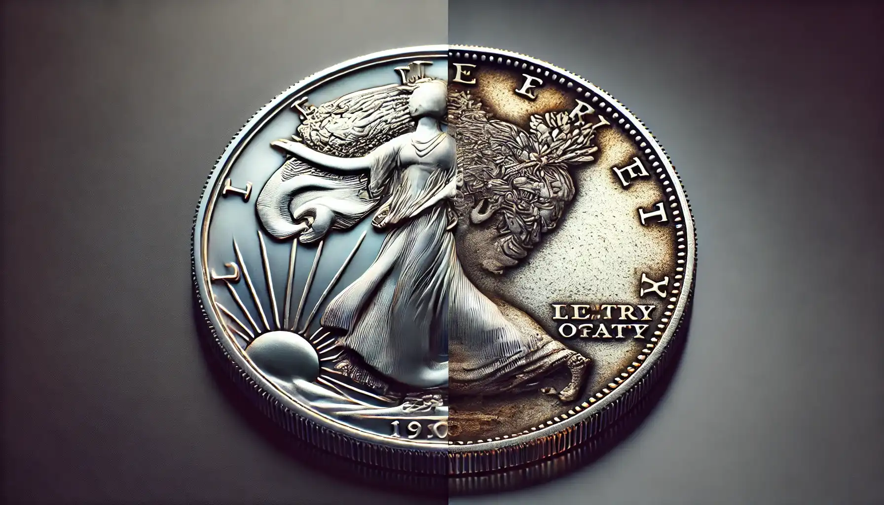 A photo comparing two coins: one in mint state with pristine details and shine, and the other worn and tarnished with faded features.