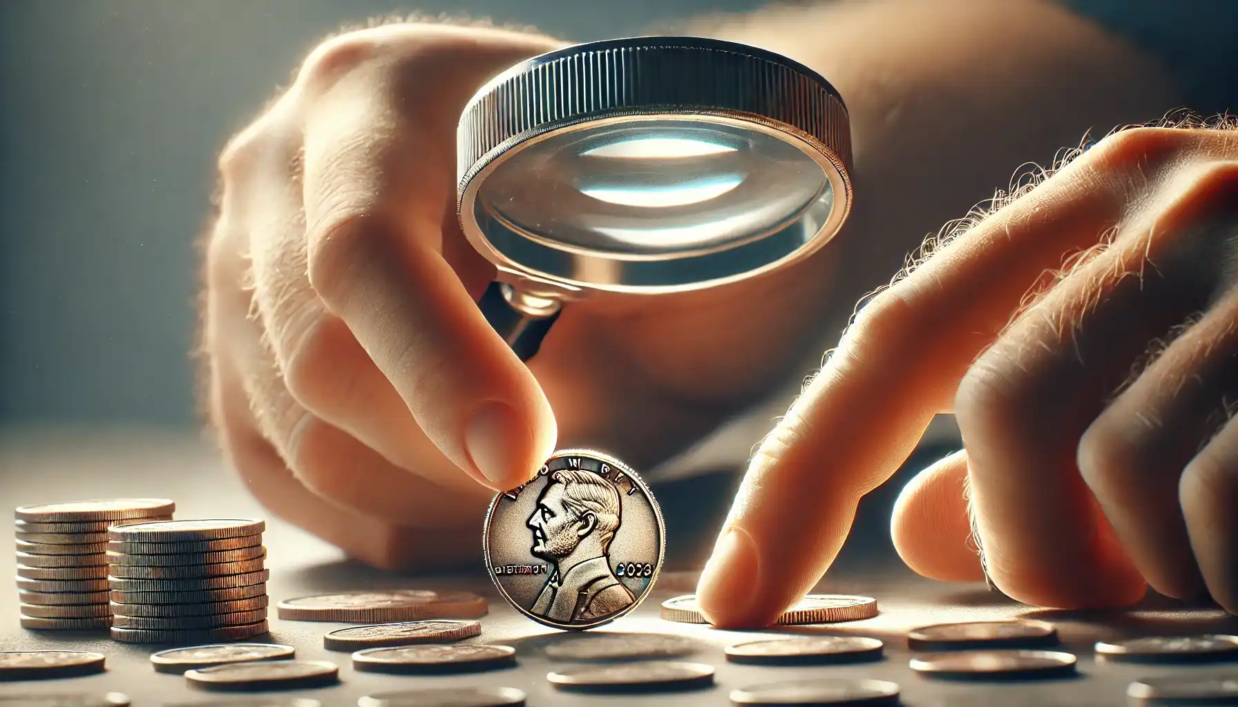 A picture of a collector exploring errors on coins with a loupe, scrutinizing intricate details.