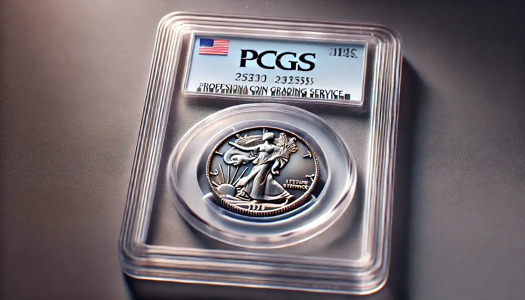 Close-up of a certified coin slab with a PCGS label, showing the grading details.