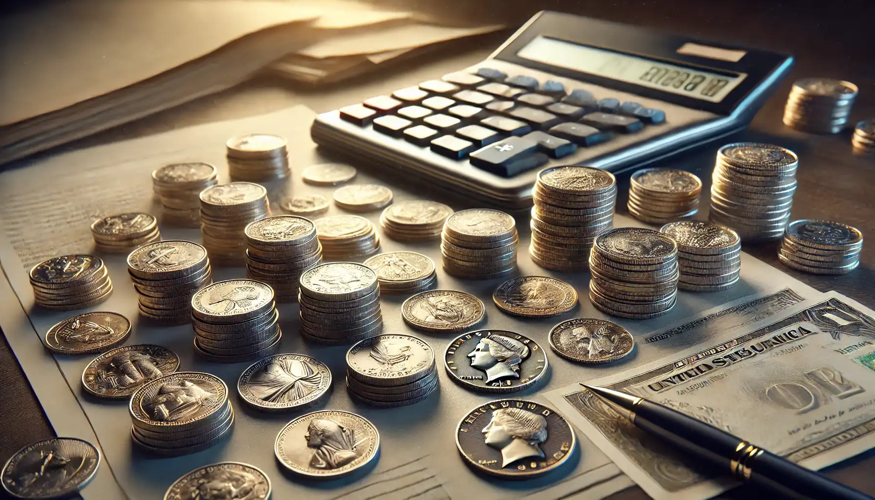 Several coins laid out on a table, ready for grading submission, with a calculator beside them that symbolize coin grading costs.