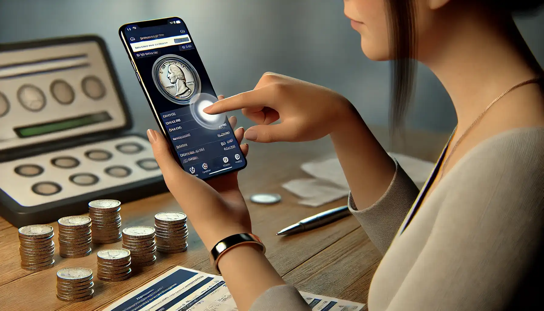 A female collector using a mobile app to scan and identify a cost to get coins graded.