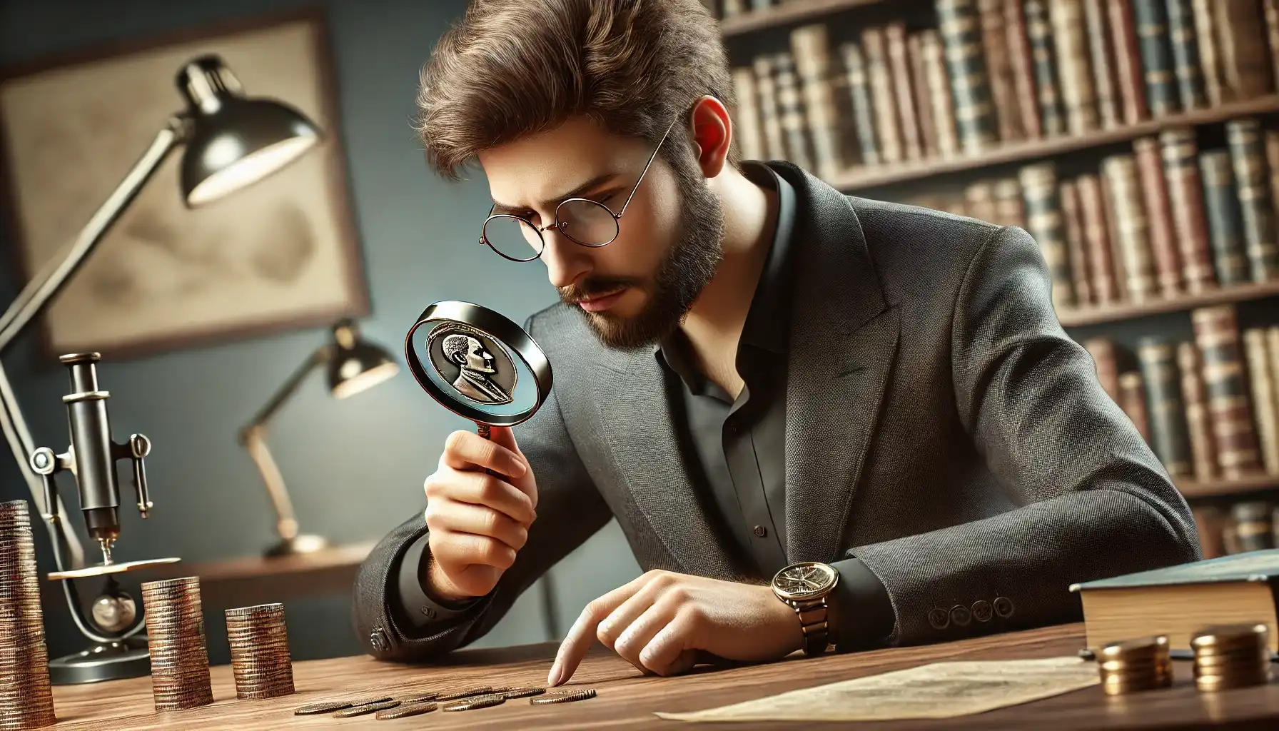 A male numismatist examines a coin with a magnifying glass to evaluate it.