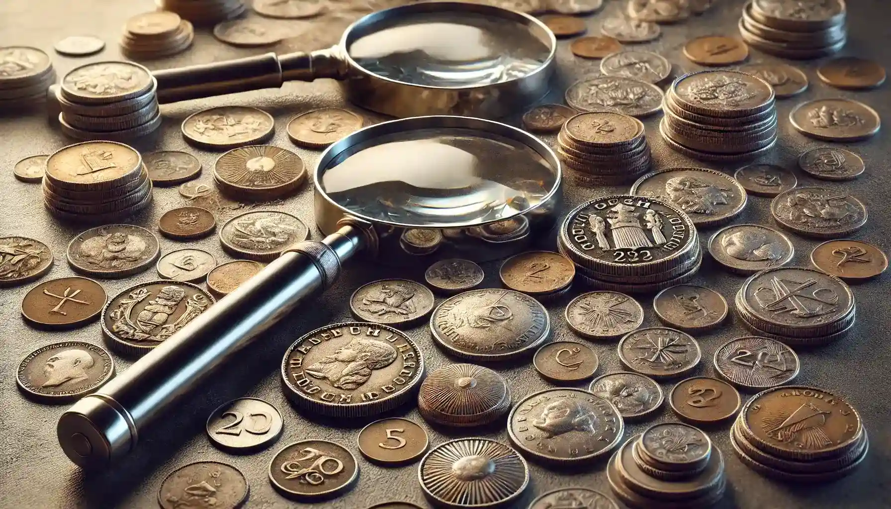 A picture of several coins arranged alongside magnifiers on a surface, with the magnifiers positioned to highlight the details of the coins.