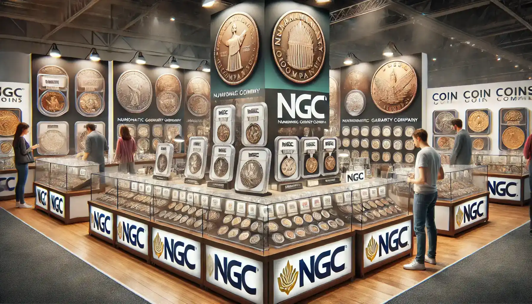 A photo of an NGC (Numismatic Guaranty Company) display stand at a coin show, featuring NGC branding and showcasing graded coins in protective holders.