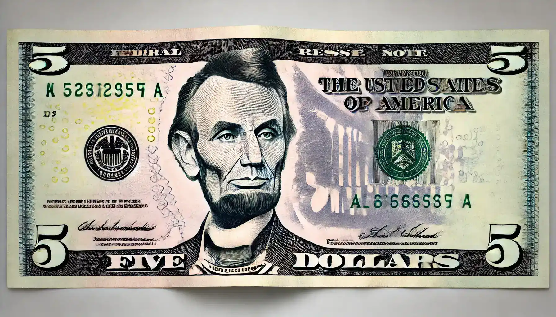 A $5 bill with a noticeable misalignment, showing the portrait of Abraham Lincoln is shifted to one side, a common example of United States paper money errors.