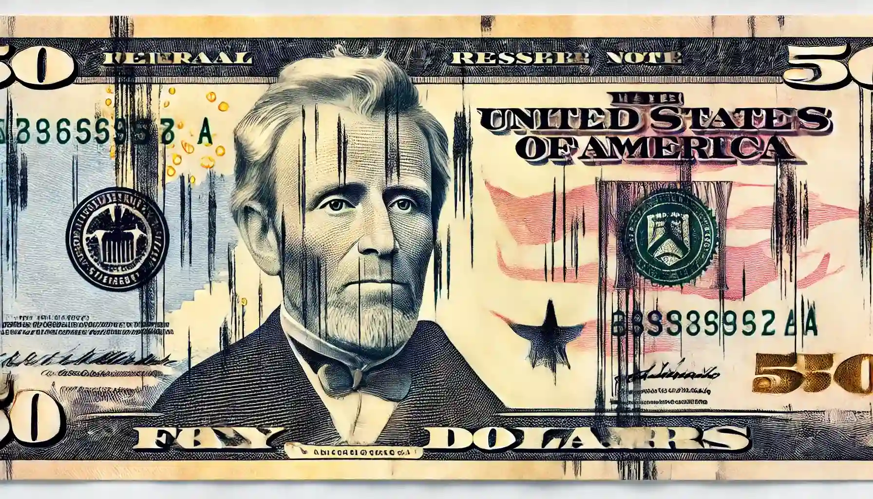 A $50 bill displaying ink smudges caused by overuse of ink, which shows one of the errors to look for on paper money to make a fortune