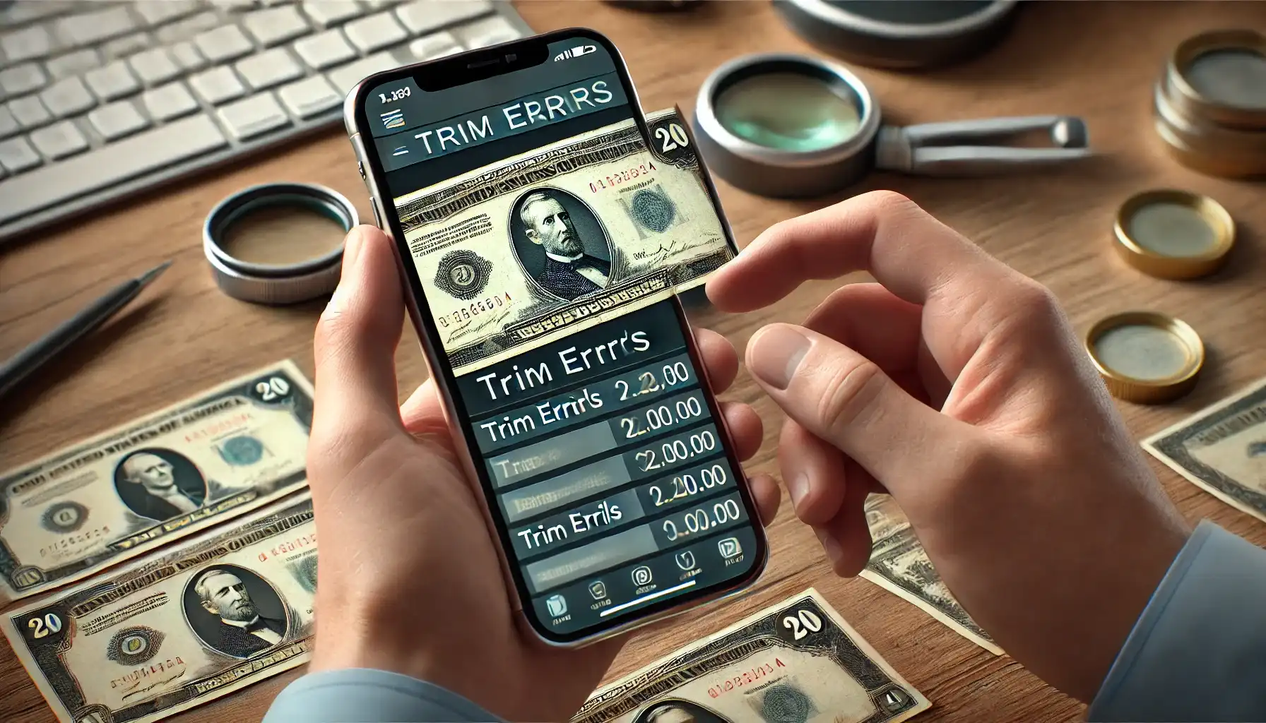 A numismatist uses a smartphone app to evaluate a banknote with error. The app identifies trim errors on paper money, showing the role of technology for collectors