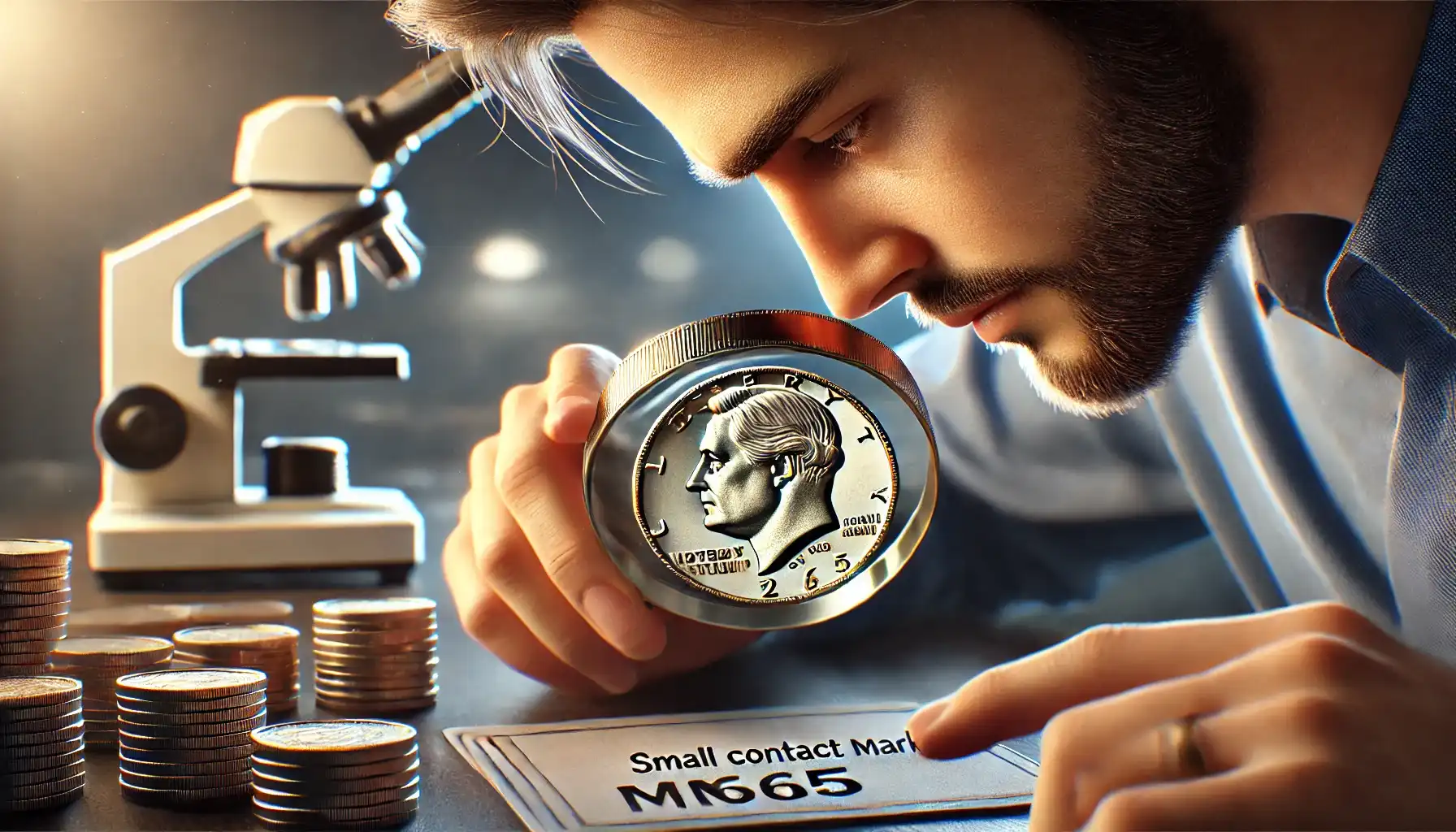 a male collector inspecting what does ms 65 mean in coins under magnification, revealing small contact marks.