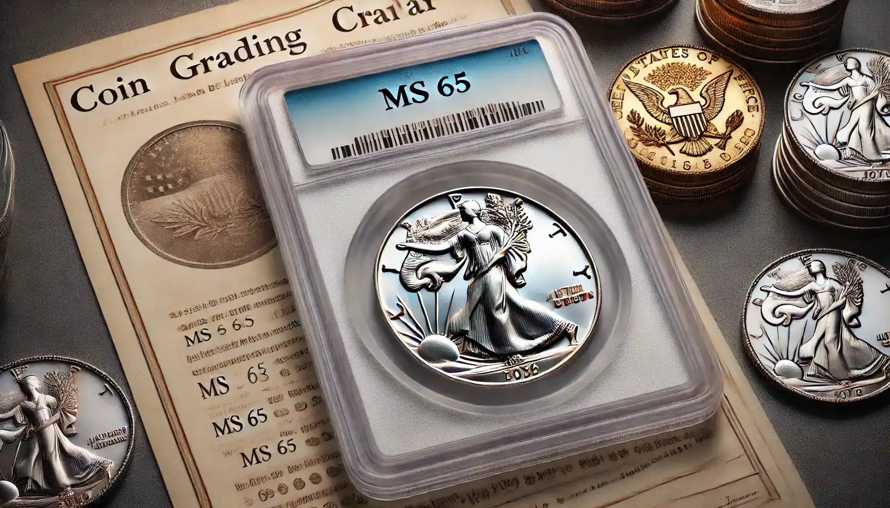 A rare silver dollar graded MS 65, displayed with its certification and coin grading scale chart