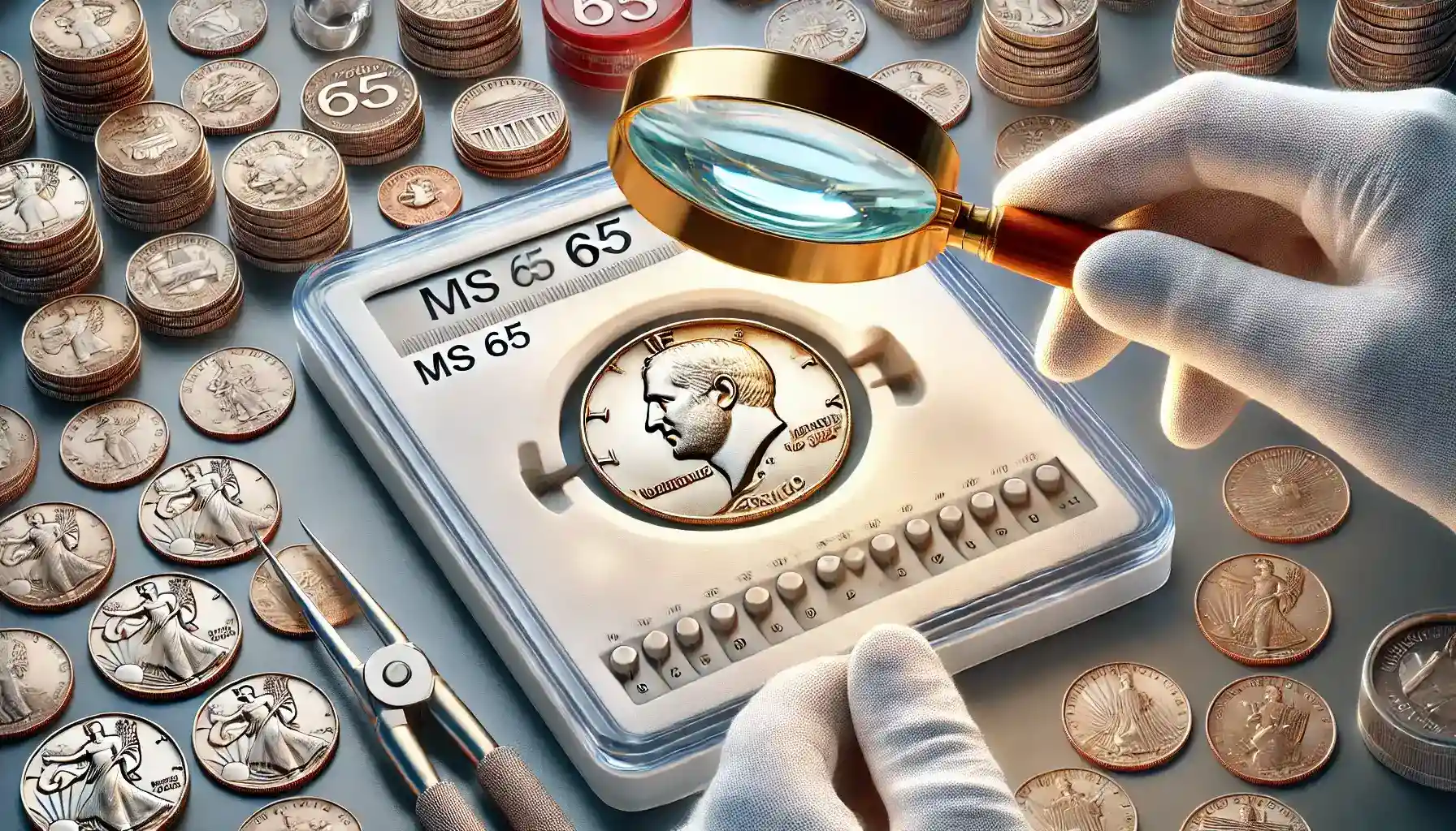 Illustration of a coin grading process, featuring MS 65 as a key grade.