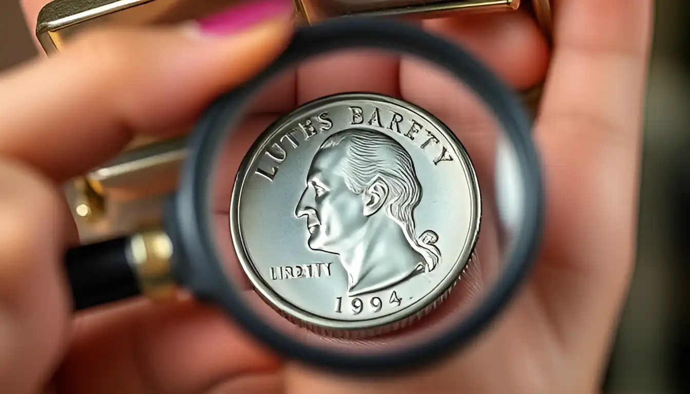 A coin collector using a magnifying glass to inspect a 1979 quarter for mint marks and potential errors.