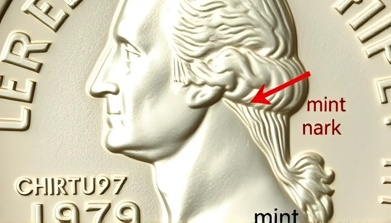 Detailed image of a 1979 quarter with an arrow pointing to the mint mark location next to Washington's ponytail.